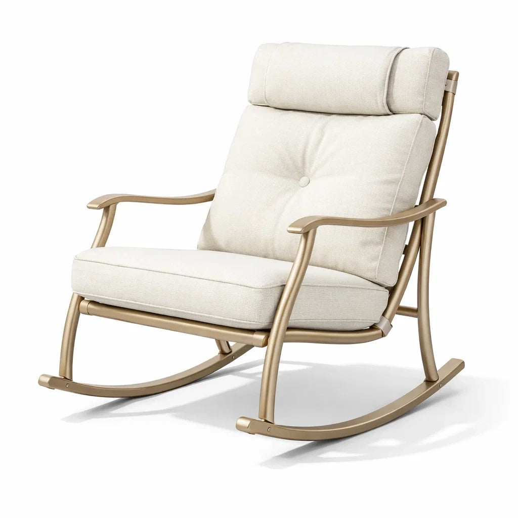 Fauteuil à bascule de terrasse en métal crème avec coussins - 2026
