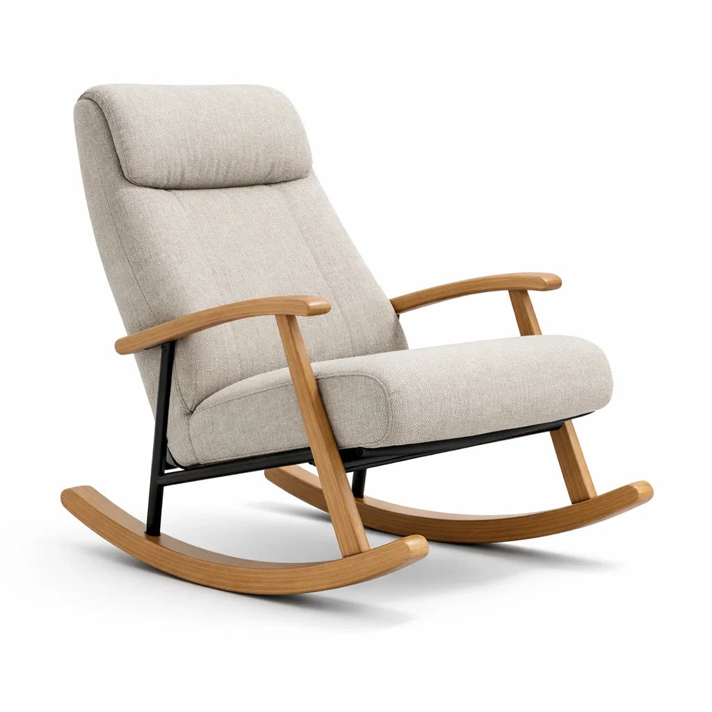 Fauteuil à bascule d’intérieur en tissu beige et bois - 2026