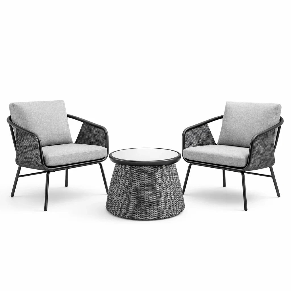 Ensemble de détente en rotin synthétique avec coussins gris et table basse en verre - 2026
