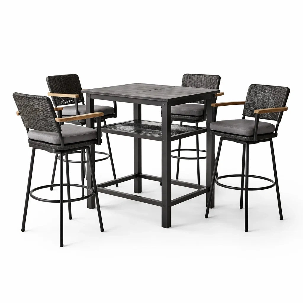 Ensemble de bar en aluminium et rotin gris avec 4 tabourets - 2026