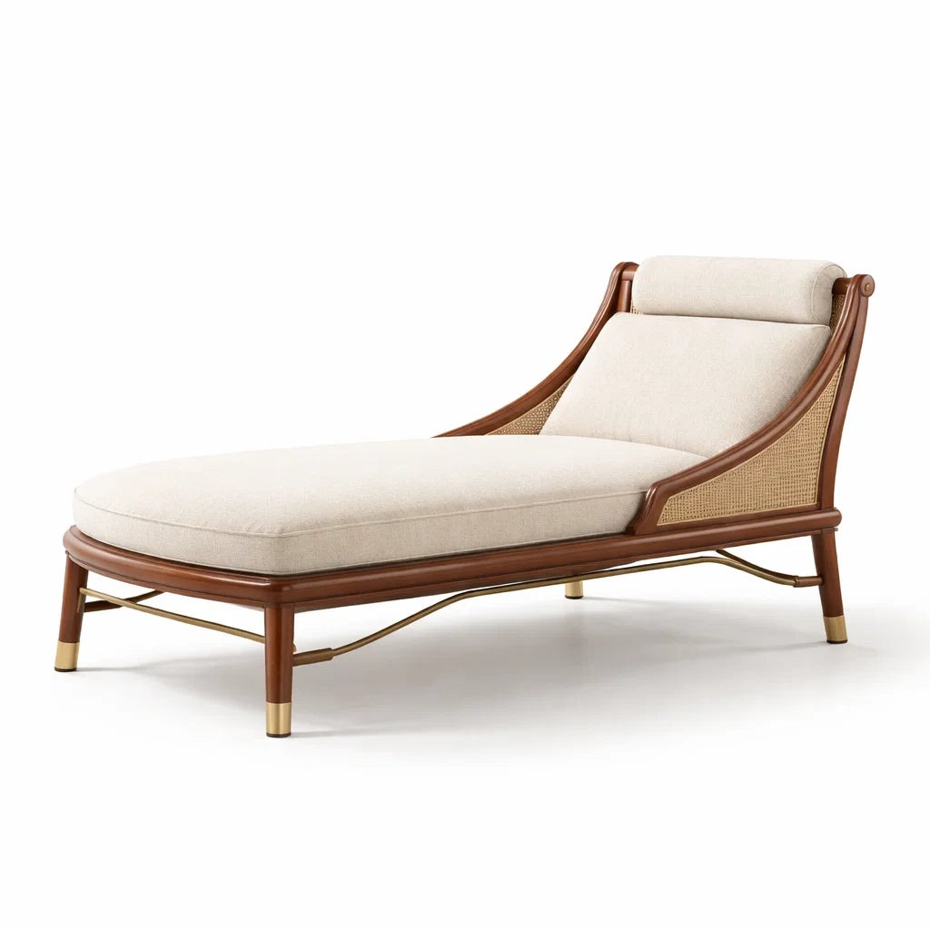 Chaise longue en tissu beige et bois d'hévéa avec rotin - 2026