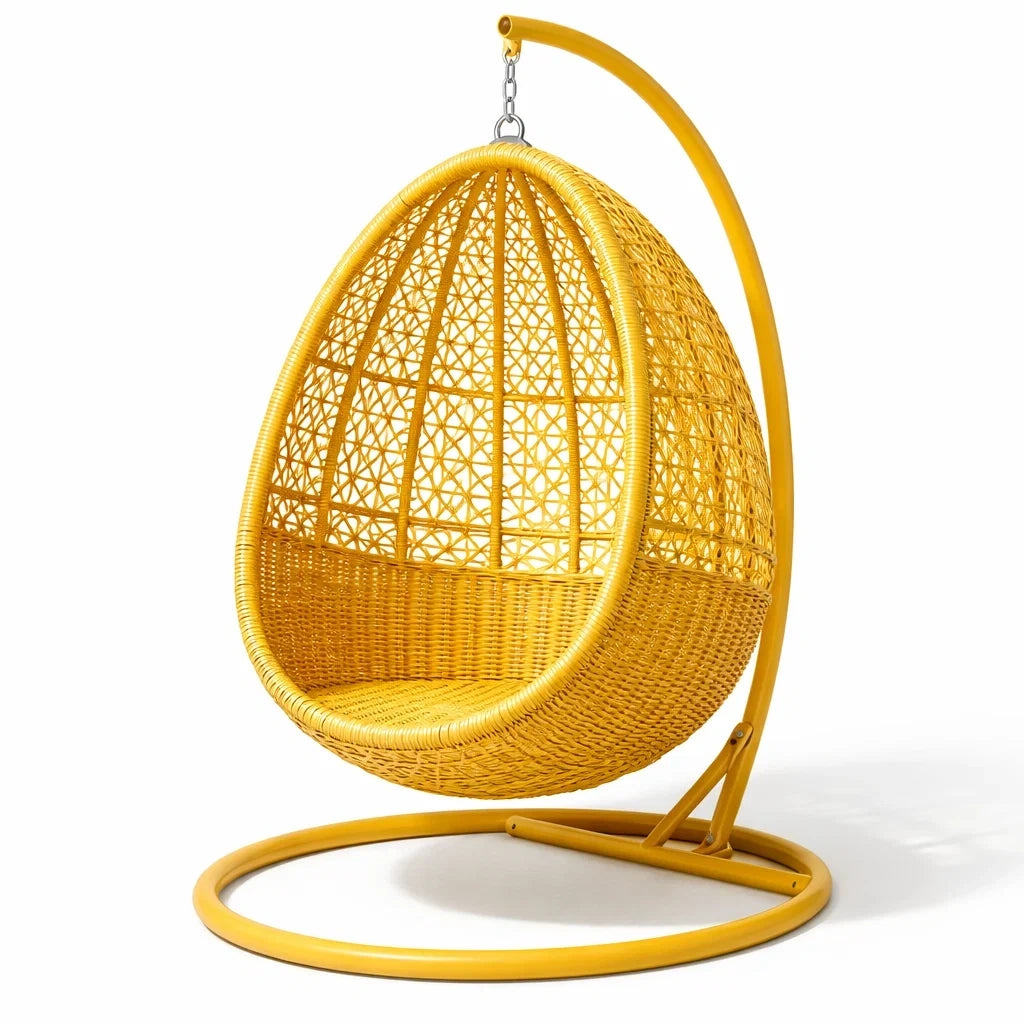 Fauteuil suspendu œuf avec support en rotin jaune avec structure en acier - 2026