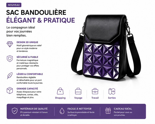 Sac Bandoulière Femme 3D Géométrique – Pochette Téléphone Chic & Pratique, Grande Capacité, Bandoulière Réglable, Similicuir Premium Violet & Noir