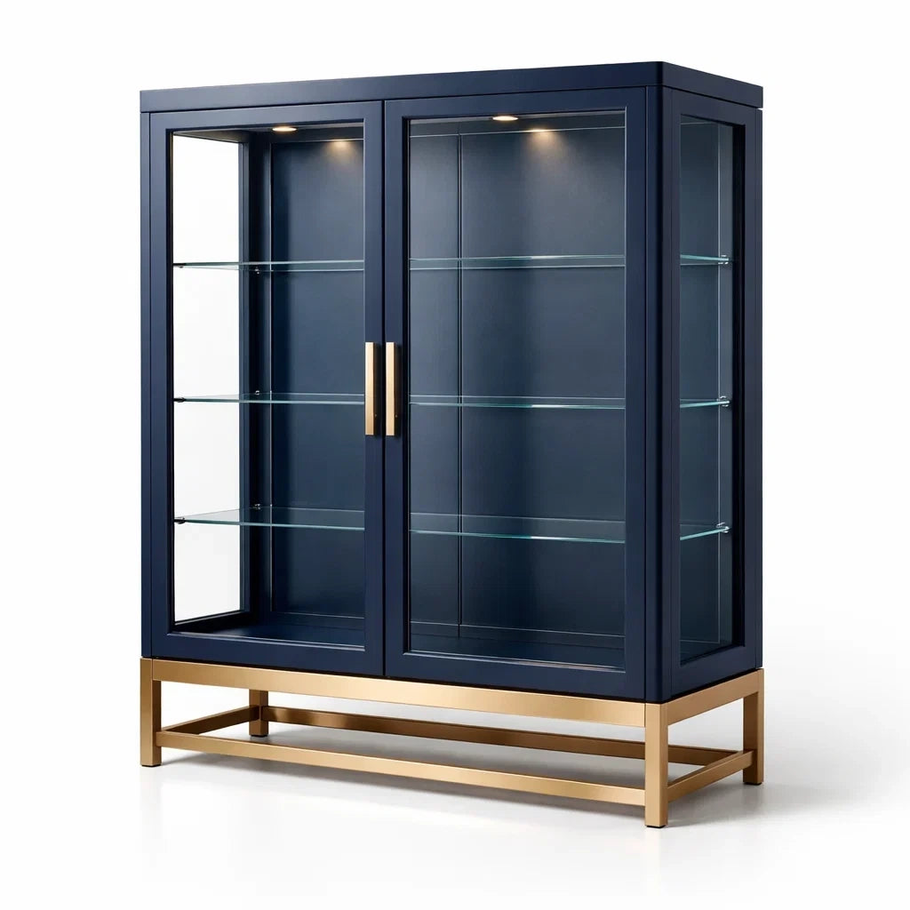 Vitrine en bois bleu marine et métal doré avec verre trempé - 2026
