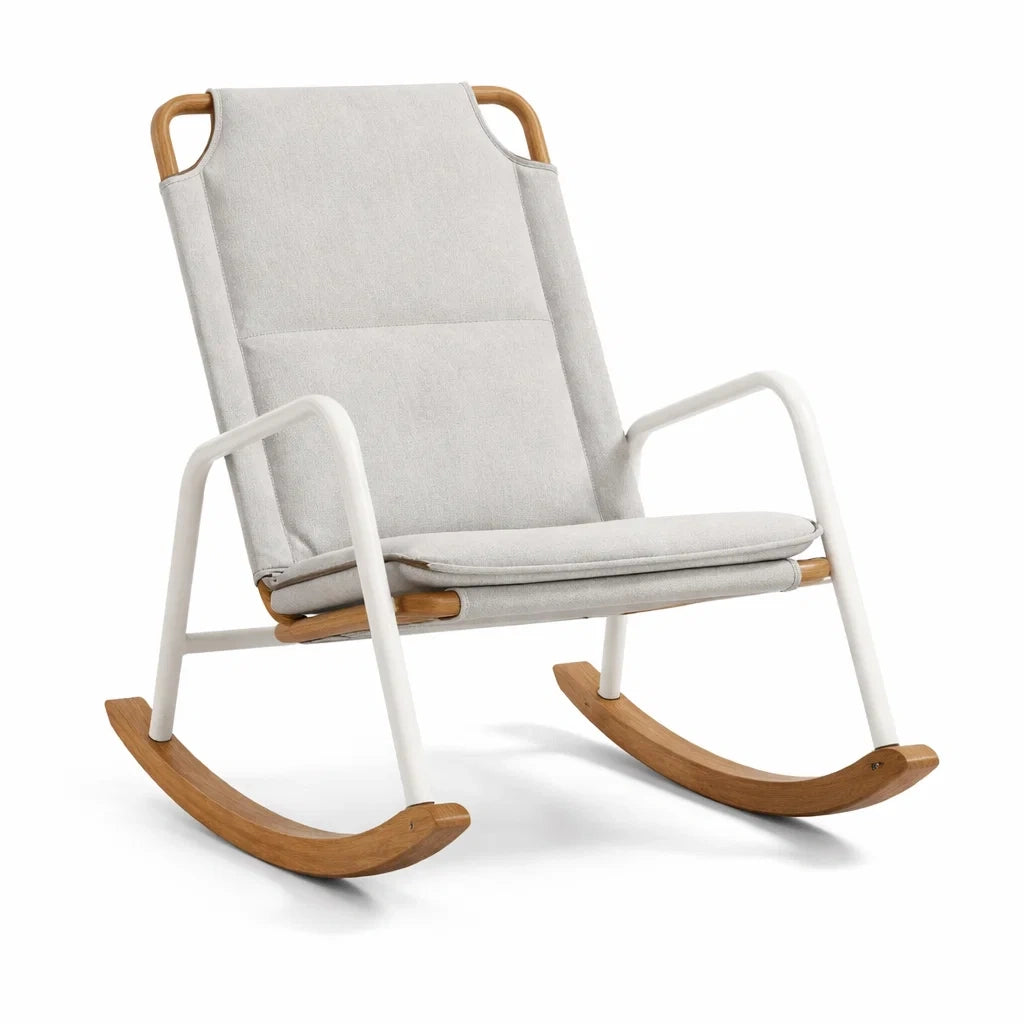 Fauteuil à bascule en tissu polyester Gris avec cadre en acier et bois - 2026