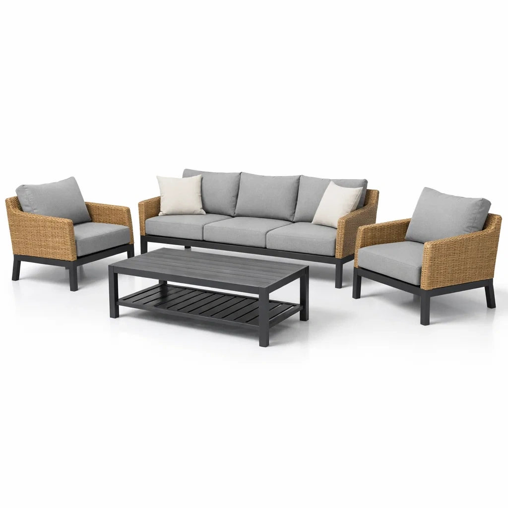 Salon de jardin en aluminium et rotin avec coussins gris - 2026
