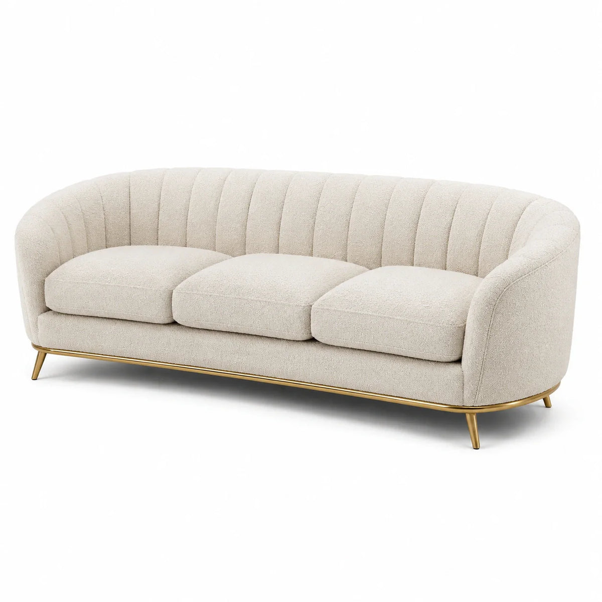 Canapé trois places en tissu bouclé beige avec pieds en métal doré - 2026