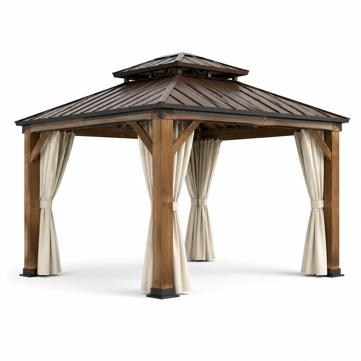 Pavillon de jardin en bois avec toit en acier et rideaux - 2026