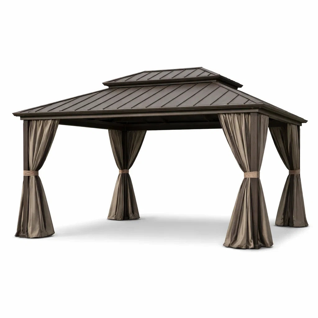 Tonnelle de jardin en aluminium et acier avec rideaux en polyester marron 400x300x275 cm - 2026