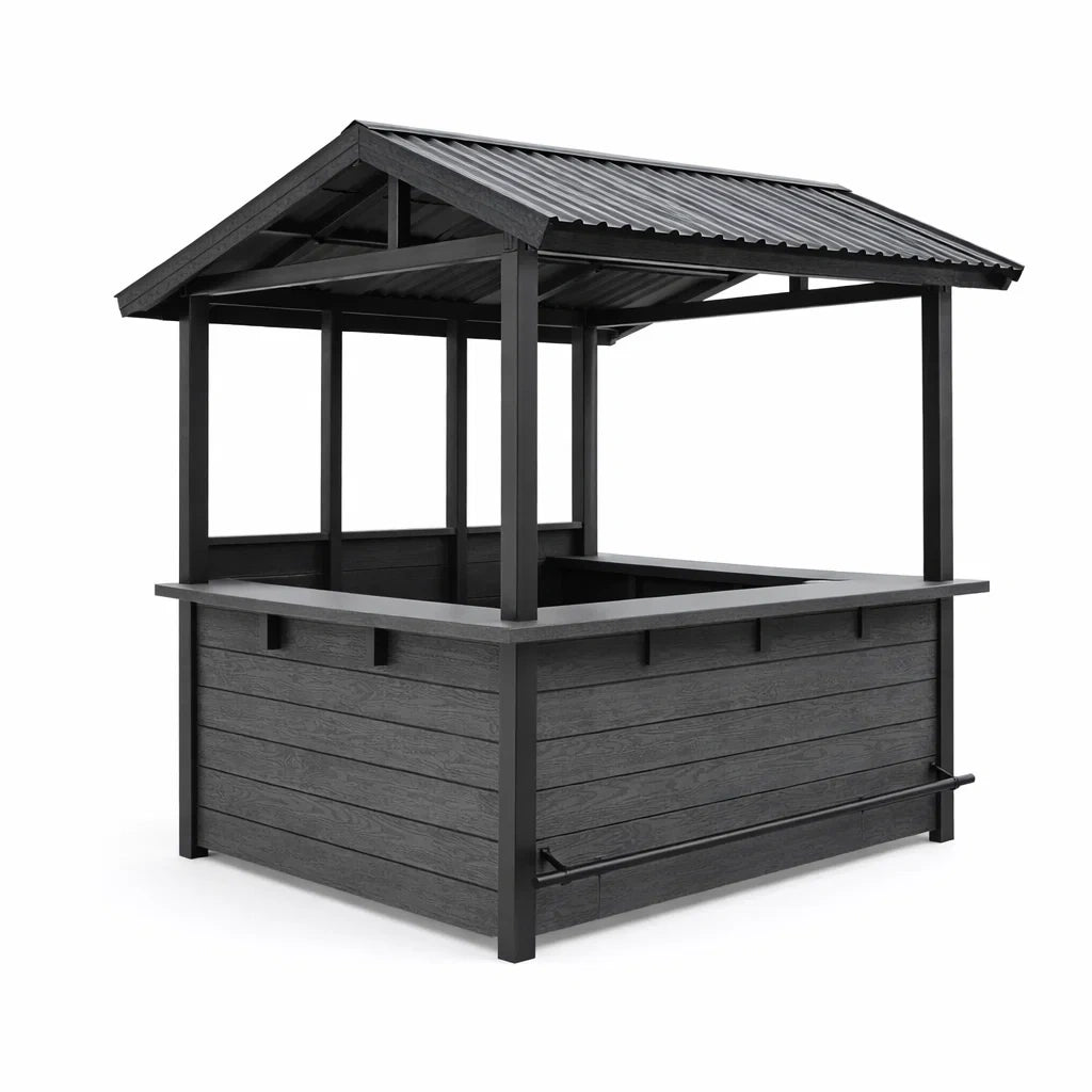 Kiosque à bar de jardin en métal et bois composite avec toit en acier gris - 2026
