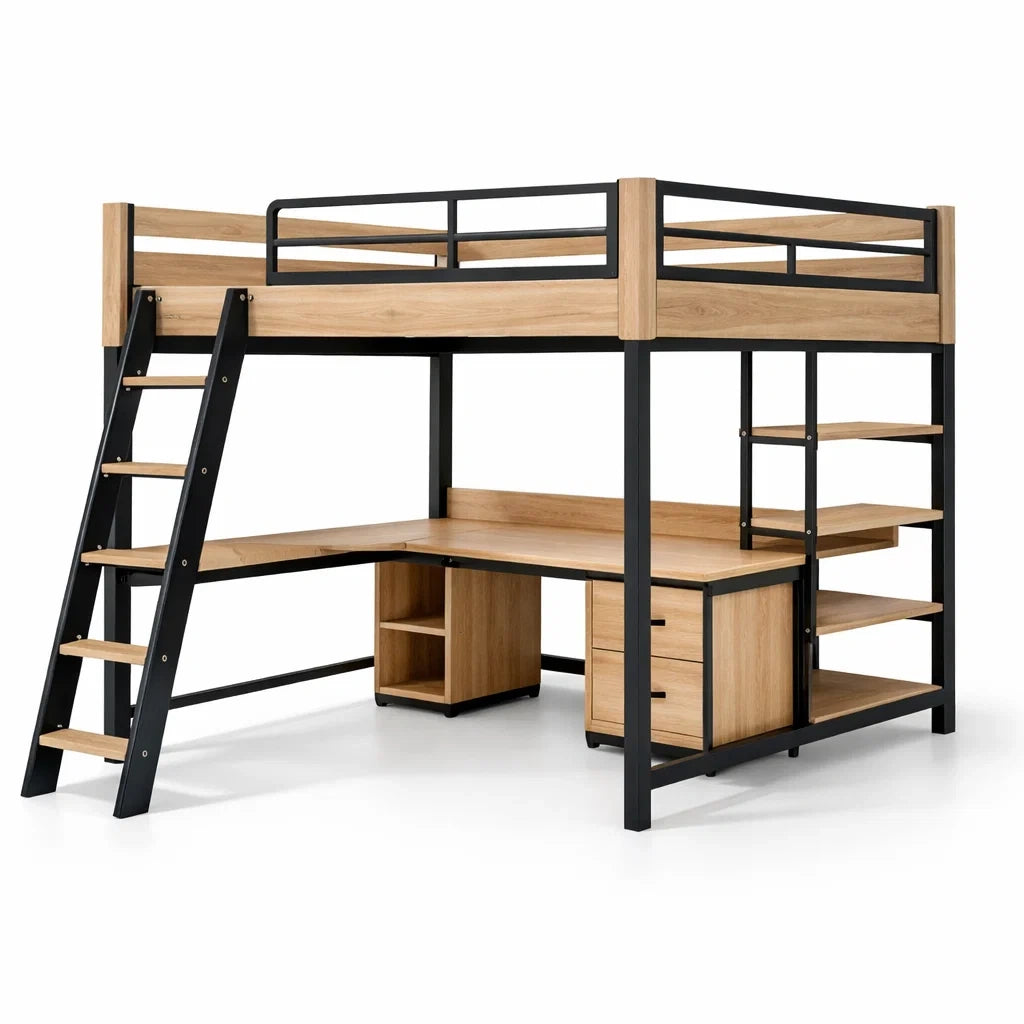 Lit mezzanine en bois et métal avec bureau et étagères intégrés - 2026