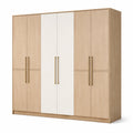 Armoire à 6 portes effet chêne clair et blanc avec poignées dorées, 300 × 60 × 220 cm - 2026