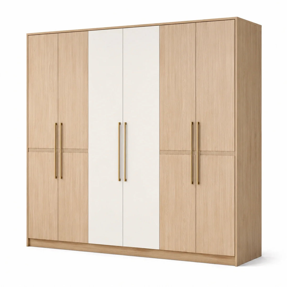Armoire à 6 portes effet chêne clair et blanc avec poignées dorées, 300 × 60 × 220 cm - 2026