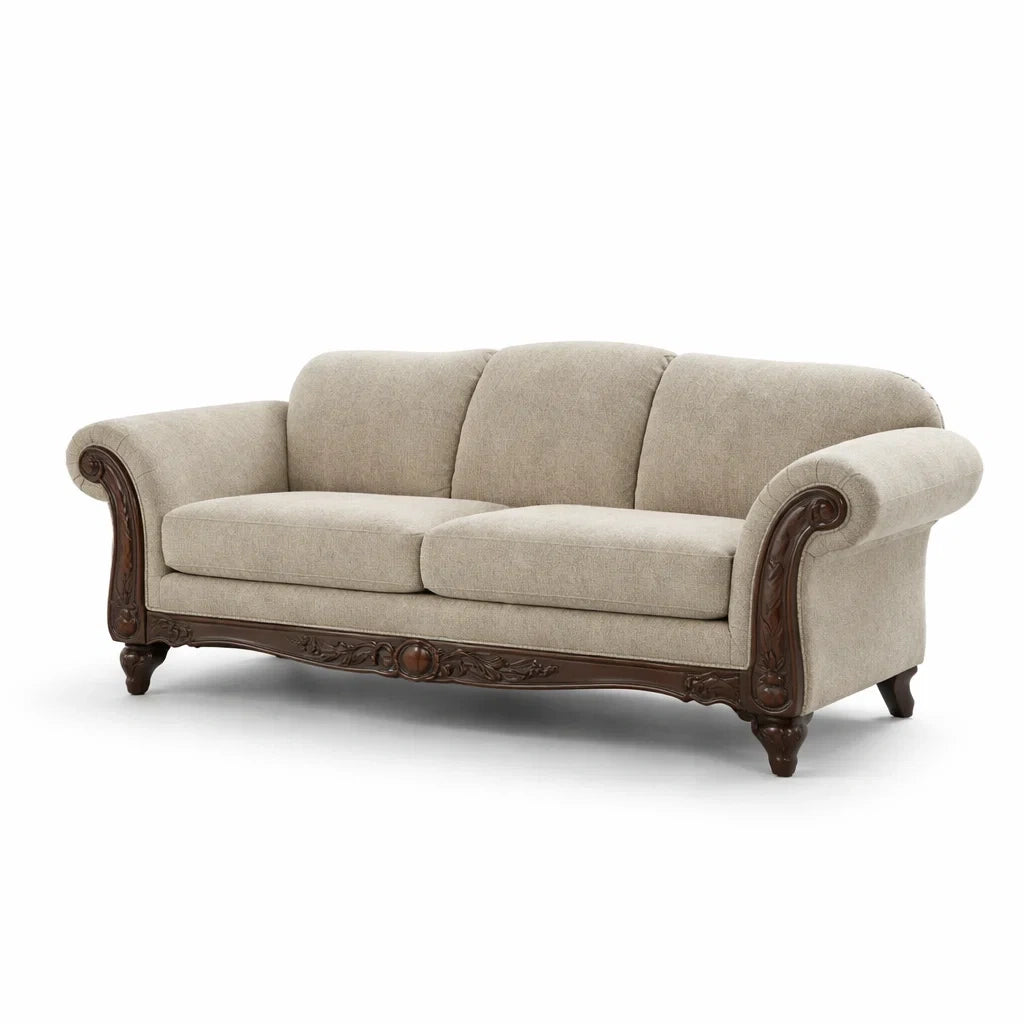 Canapé en bois et tissu beige avec détails sculptés - 2026