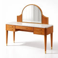 Coiffeuse en bois clair avec miroir arrondi et plateau en marbre - 2026