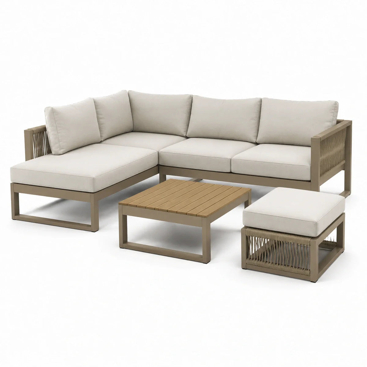 Ensemble de mobilier de jardin en aluminium avec canapé d'angle, table basse et pouf beige - 2026