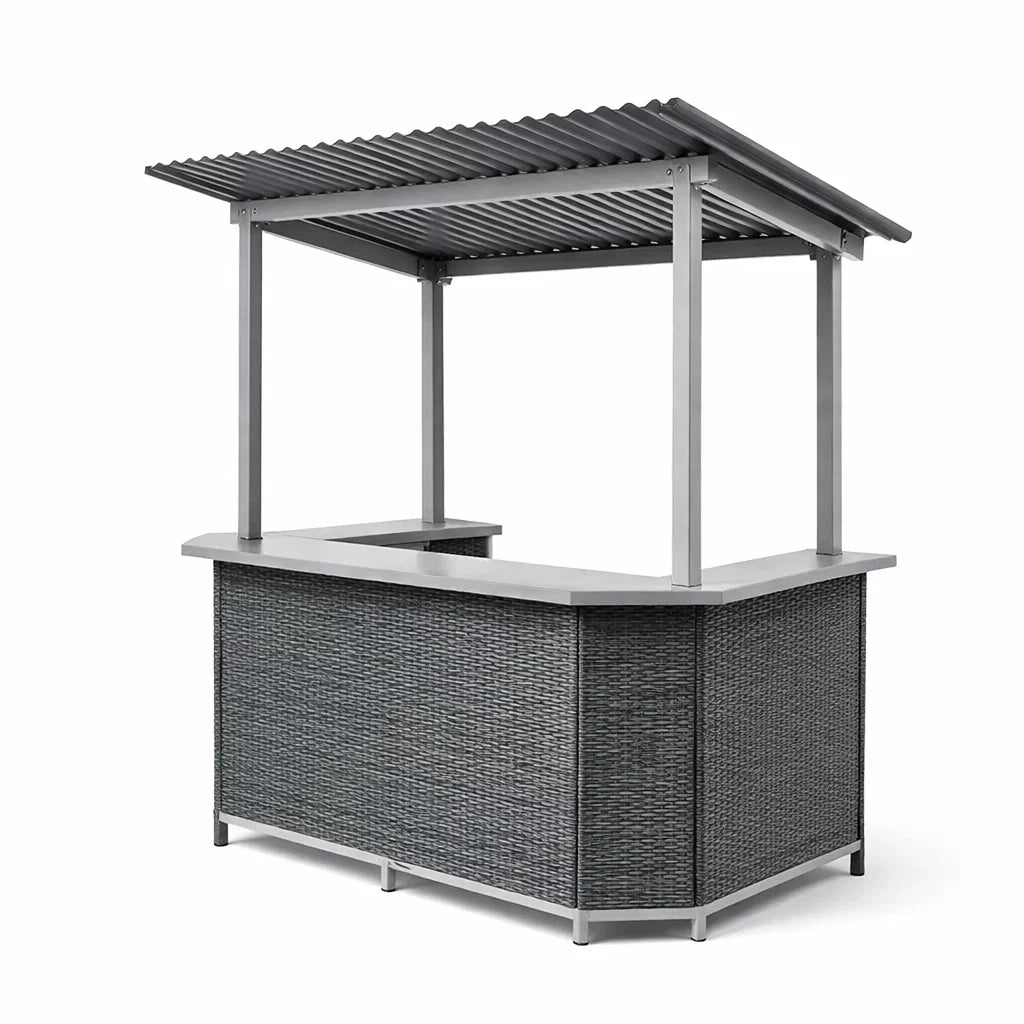 Kiosque bar de jardin en résine tressée avec toit métallique gris anthracite - 2026