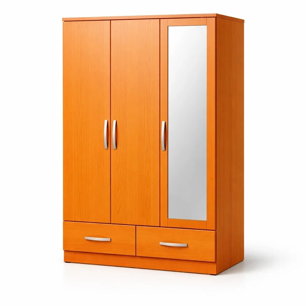 Armoire en bois orange avec miroir, trois portes et deux tiroirs - 2026