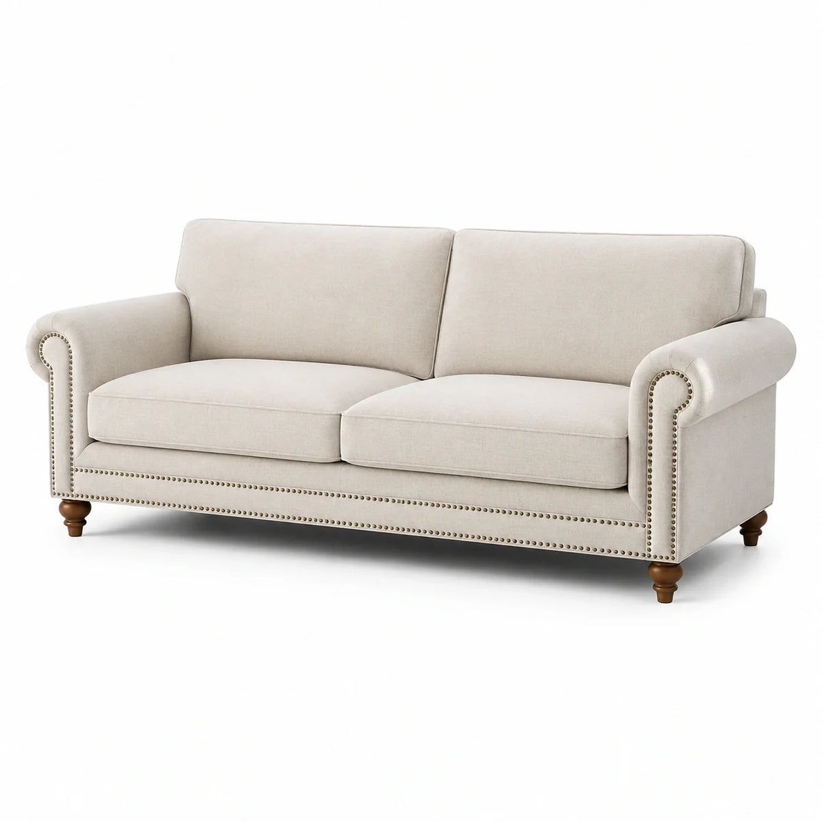 Canapé en tissu lin beige avec détails en bois - 2026