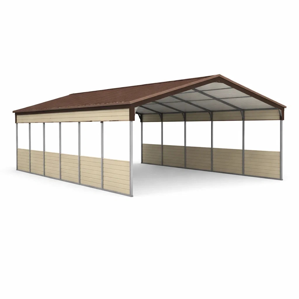 Abri voiture en métal avec toit en polycarbonate beige et marron - 2026