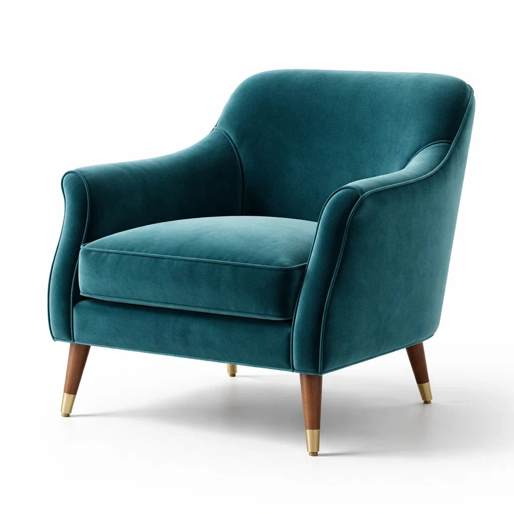 Fauteuil en velours polyester bleu avec pieds en bois et embouts en laiton - 2026