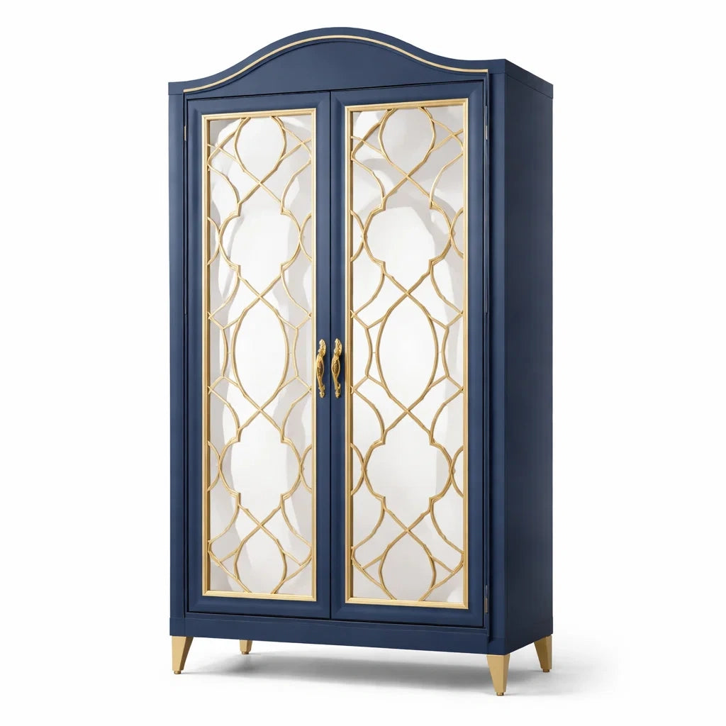 Armoire en bois bleu avec portes en verre trempé et détails en métal doré - 2026