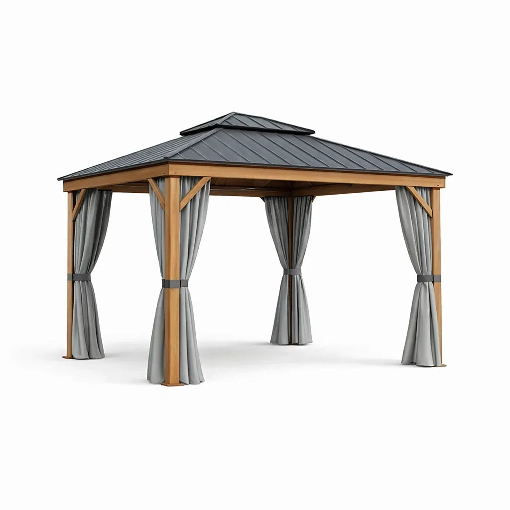 Pavillon de jardin en aluminium et acier avec rideaux gris - 2026