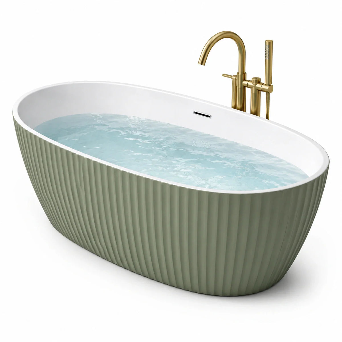 Baignoire îlot acrylique blanc et vert olive avec robinet laiton - 2026