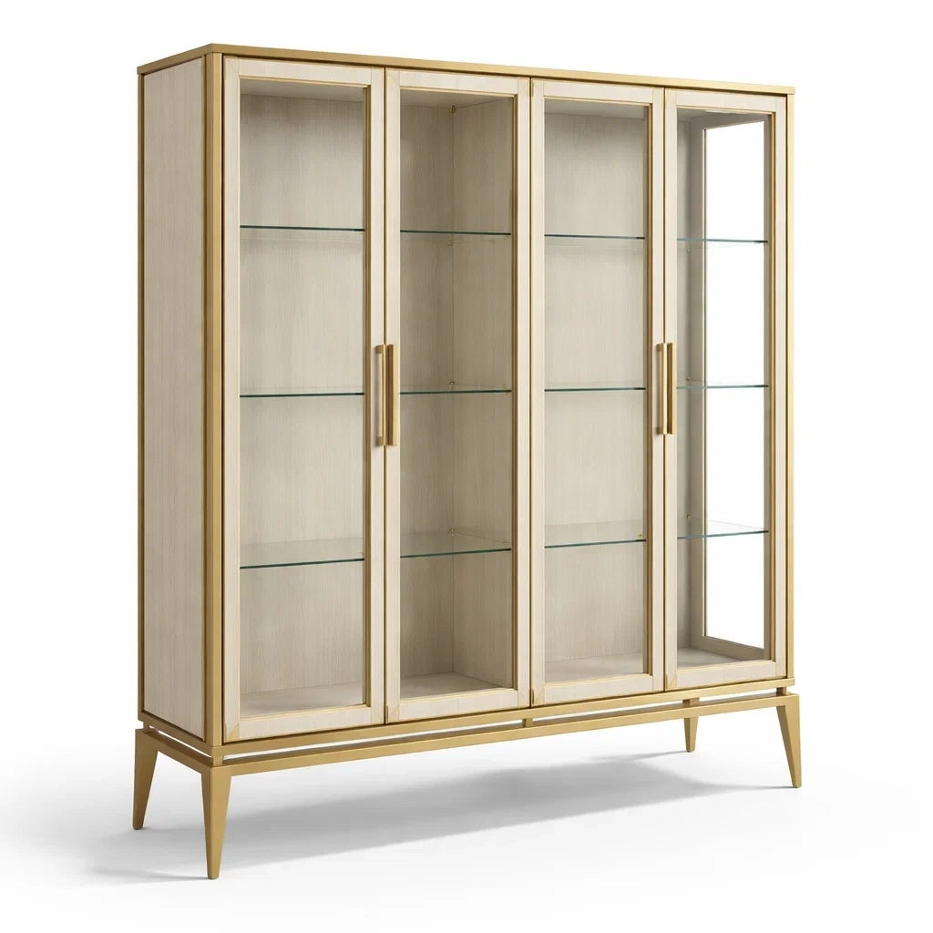 Vitrine en bois et verre trempé beige et doré avec 4 portes - 2026