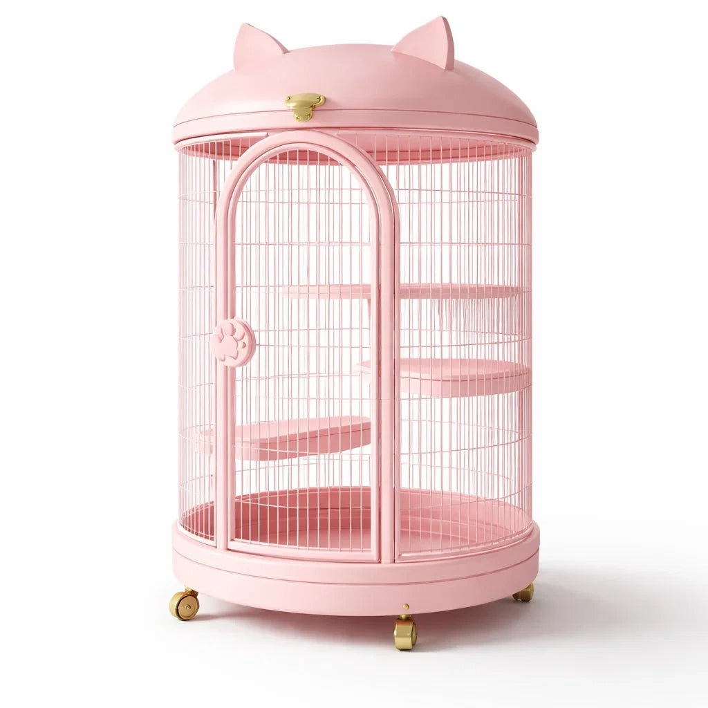 Cage à chat ronde en métal et plastique rose - 2026