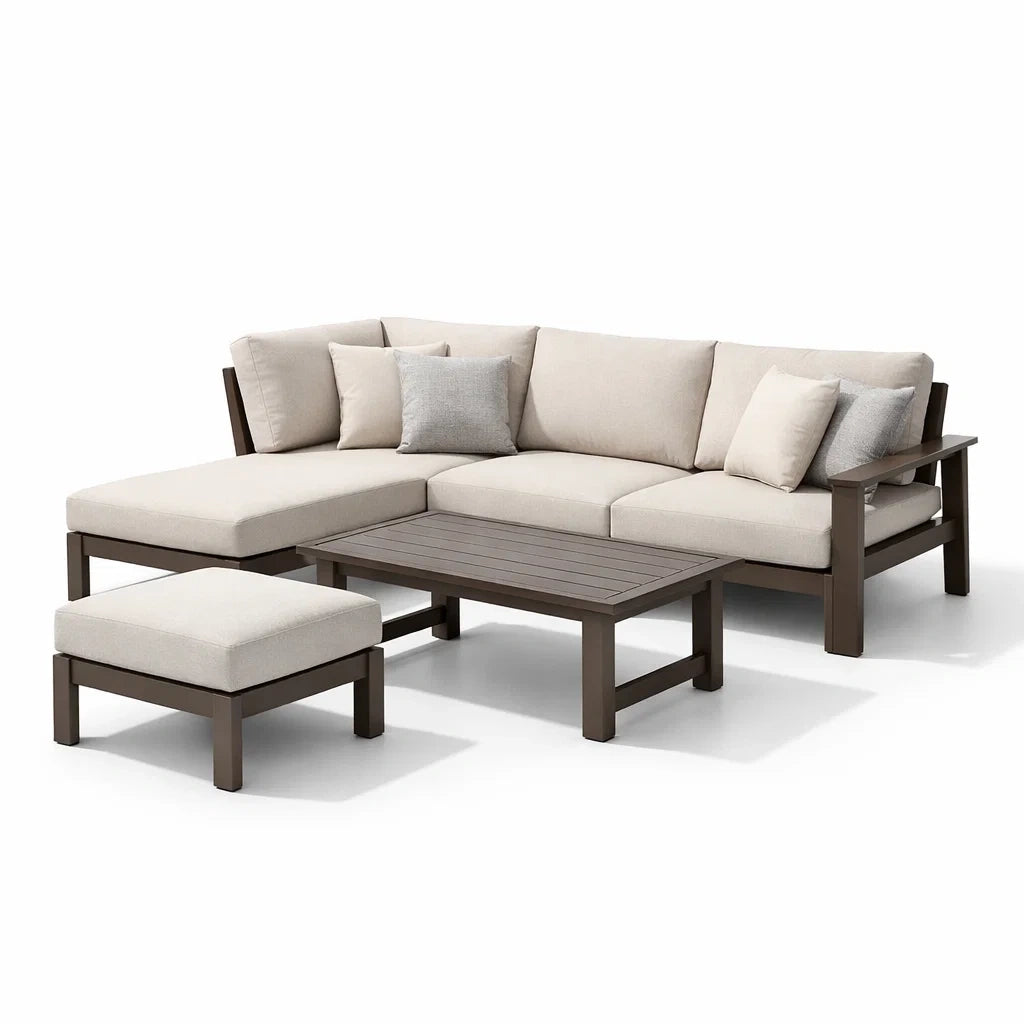 Salon de jardin en aluminium avec coussins en polyester beige et structure marron - 2026