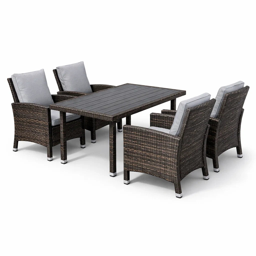 Ensemble table et chaises d’extérieur en rotin synthétique marron avec coussins gris - 2026