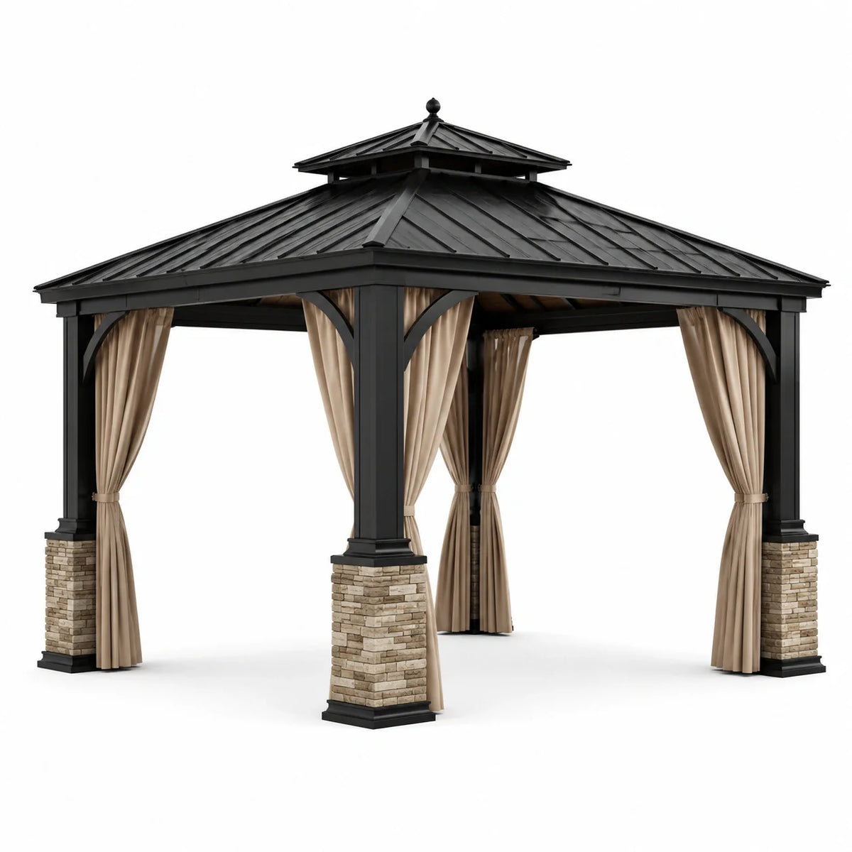 Pavillon en acier noir avec rideaux en polyester et piliers en pierre 300x400 cm - 2026