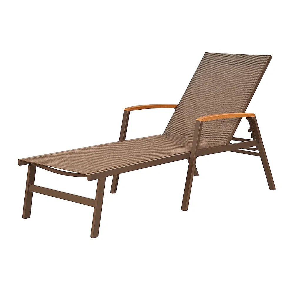 Chaise longue de jardin extérieure en textilène marron avec accoudoirs bois et structure métal - 2026