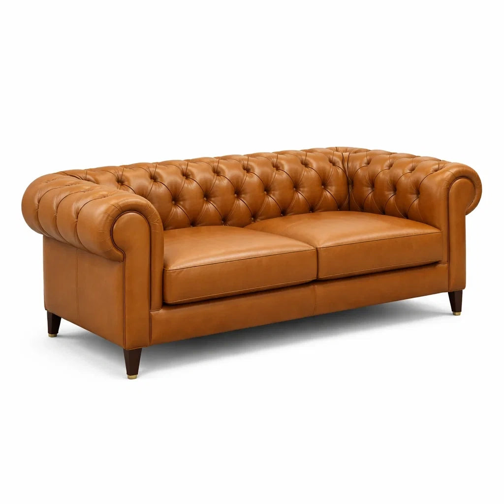 Canapé Chesterfield 3 places en cuir véritable marron - 2026