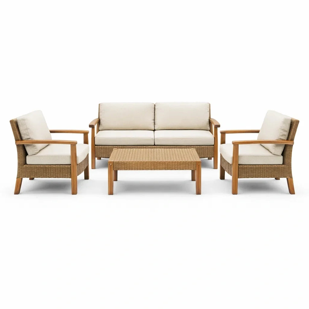 Ensemble de salon de jardin en bois et résine avec coussins - 2026
