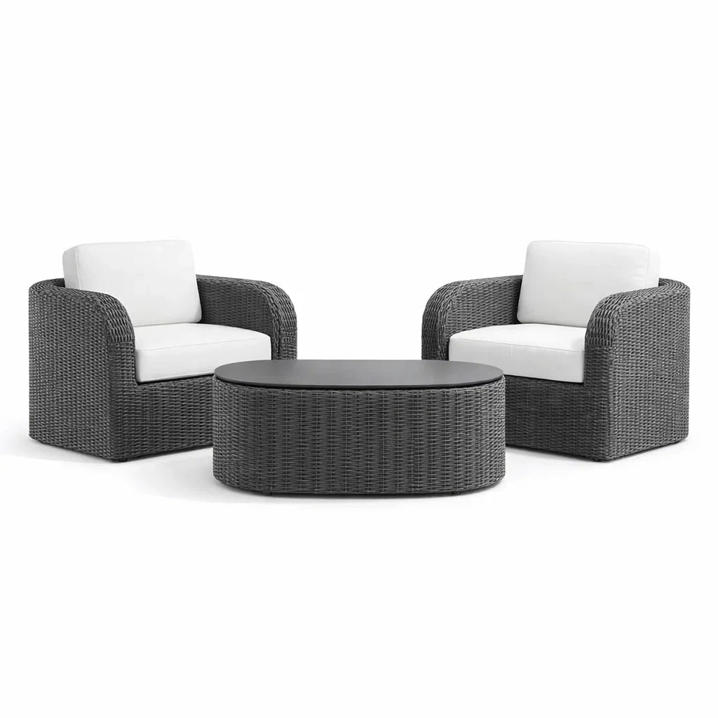 Ensemble de détente avec fauteuils de jardin en résine tressée gris table basse et coussins blancs - 2026