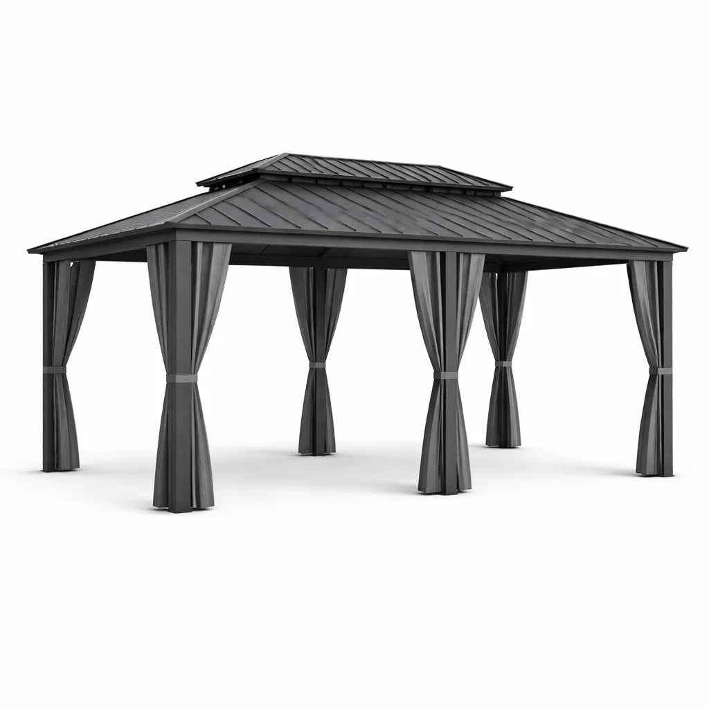 Pavillon de jardin en aluminium avec toit métallique et rideaux en polyester - 2026