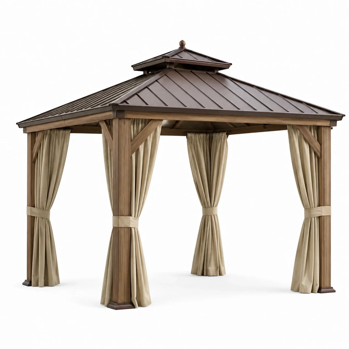 Pavillon de jardin en bois brun avec toit en acier et rideaux beiges, 366 × 305 × 300 cm - 2026