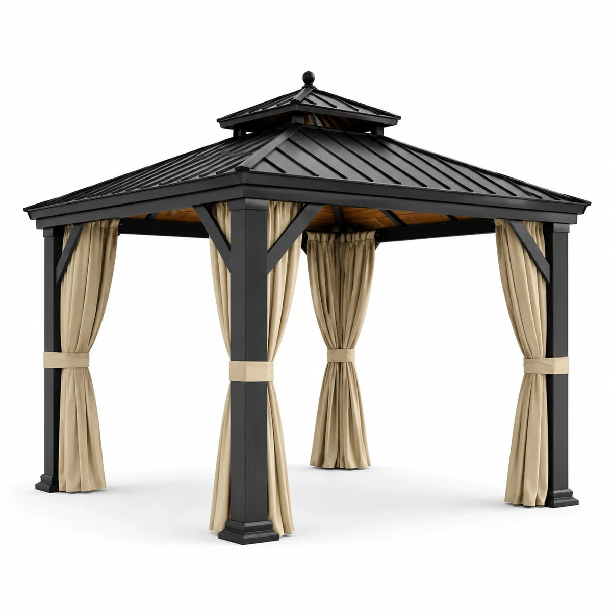 Pavillon en métal noir avec rideaux en polyester beige 300x300 cm - 2026