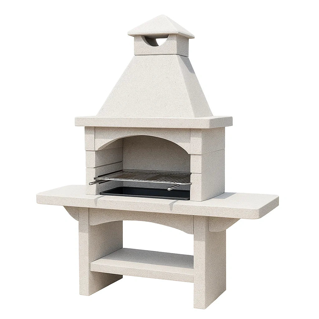 Barbecue en pierre en béton blanc avec cheminée et grille en acier inoxydable - 2026