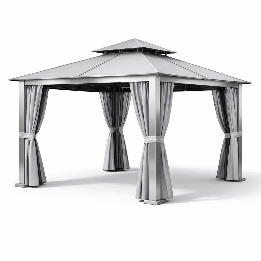 Pavillon de jardin en aluminium et acier avec rideaux en polyester - 2026