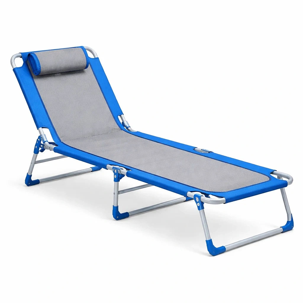 Chaise longue pliante en aluminium et polyester bleu et gris - 2026