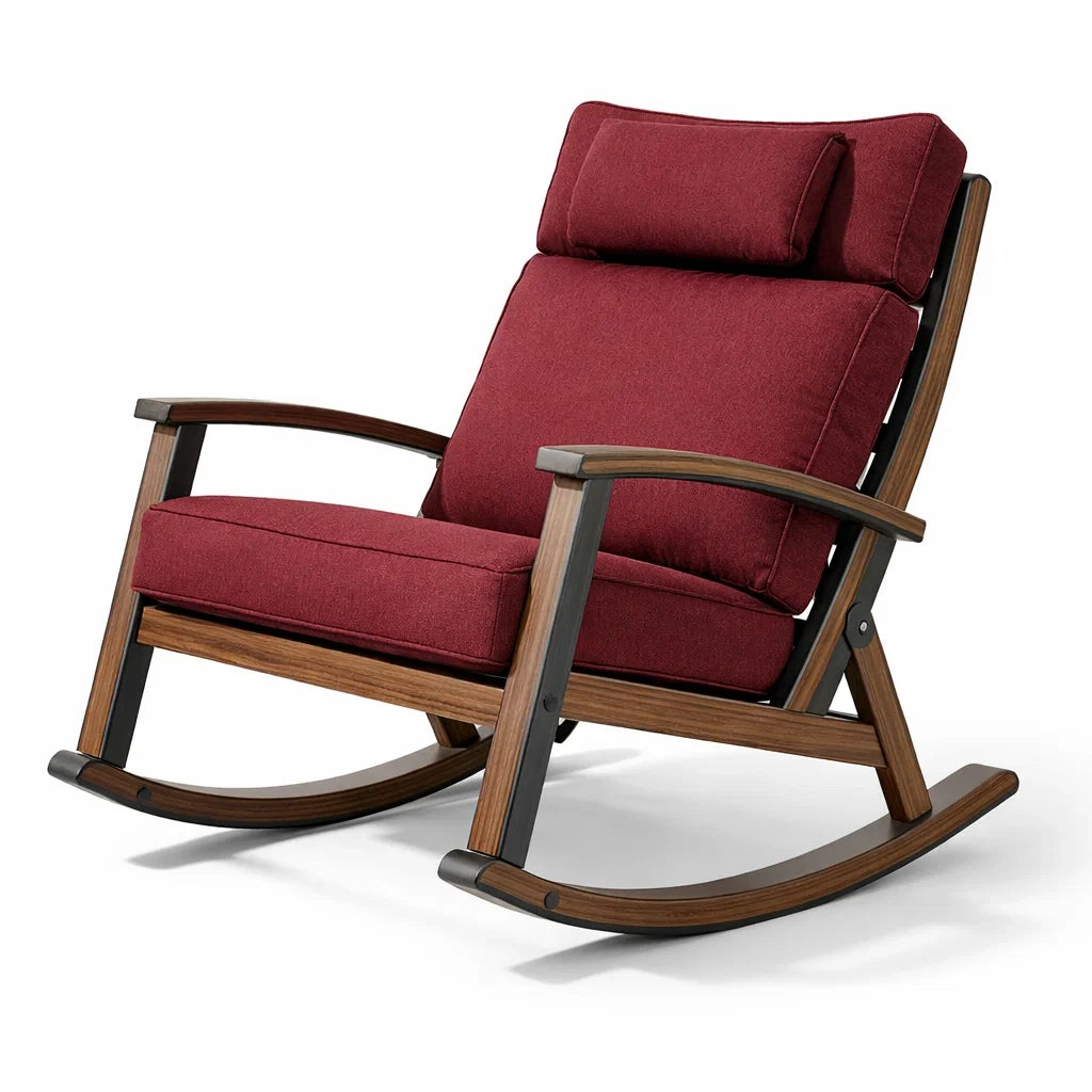 Fauteuil à bascule de terrasse en bois avec coussins en polyester bordeaux - 2026