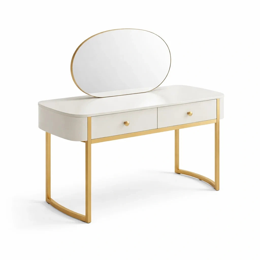 Coiffeuse en bois et métal doré avec miroir ovale et 2 tiroirs - 2026