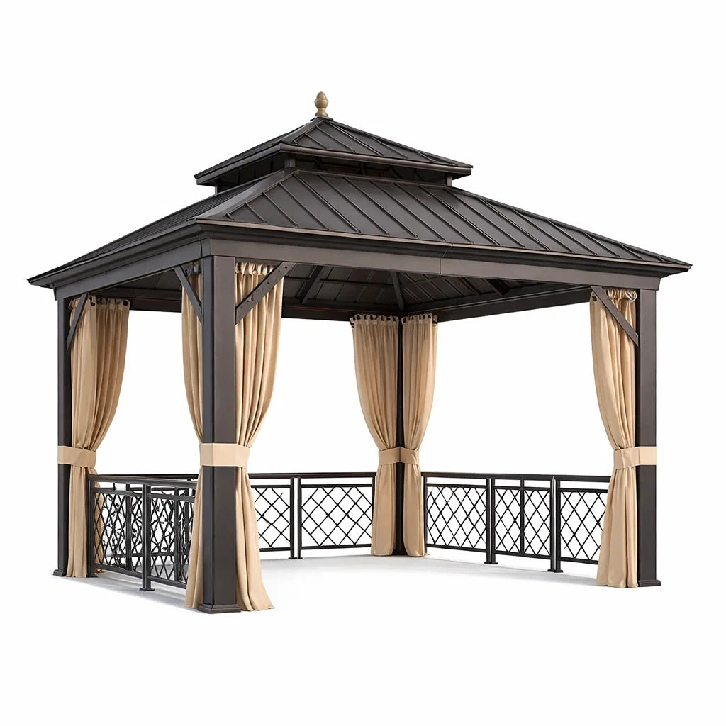 Pavillon en aluminium et acier avec rideaux en polyester beige - 2026