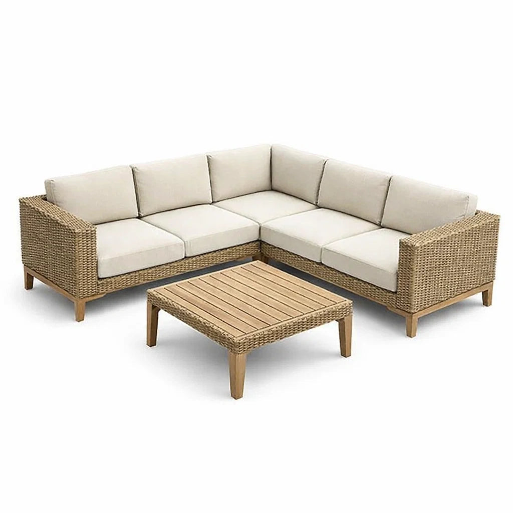 Ensemble de canapé d'angle en rotin et table basse en bois avec coussins - 2026