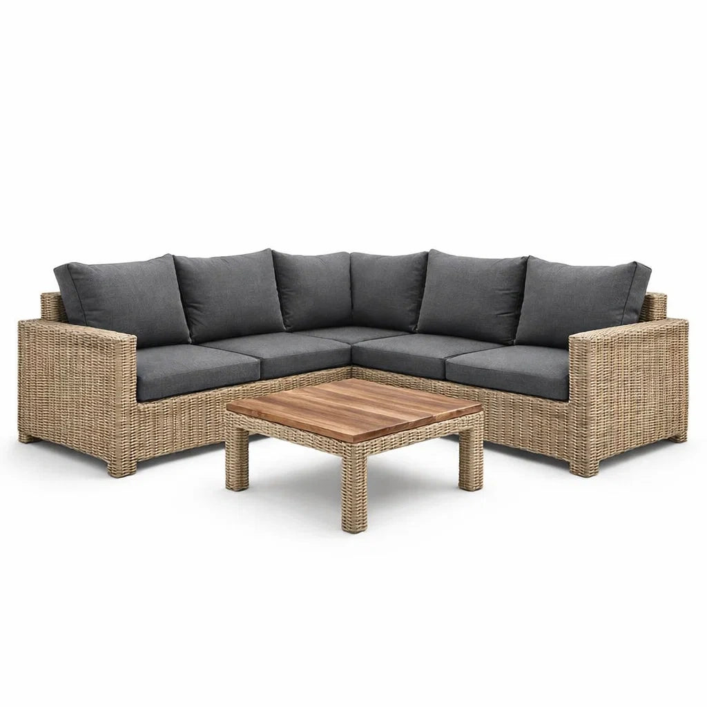 Ensemble de canapés en rotin avec coussins en polyester gris et table en bois - 2026