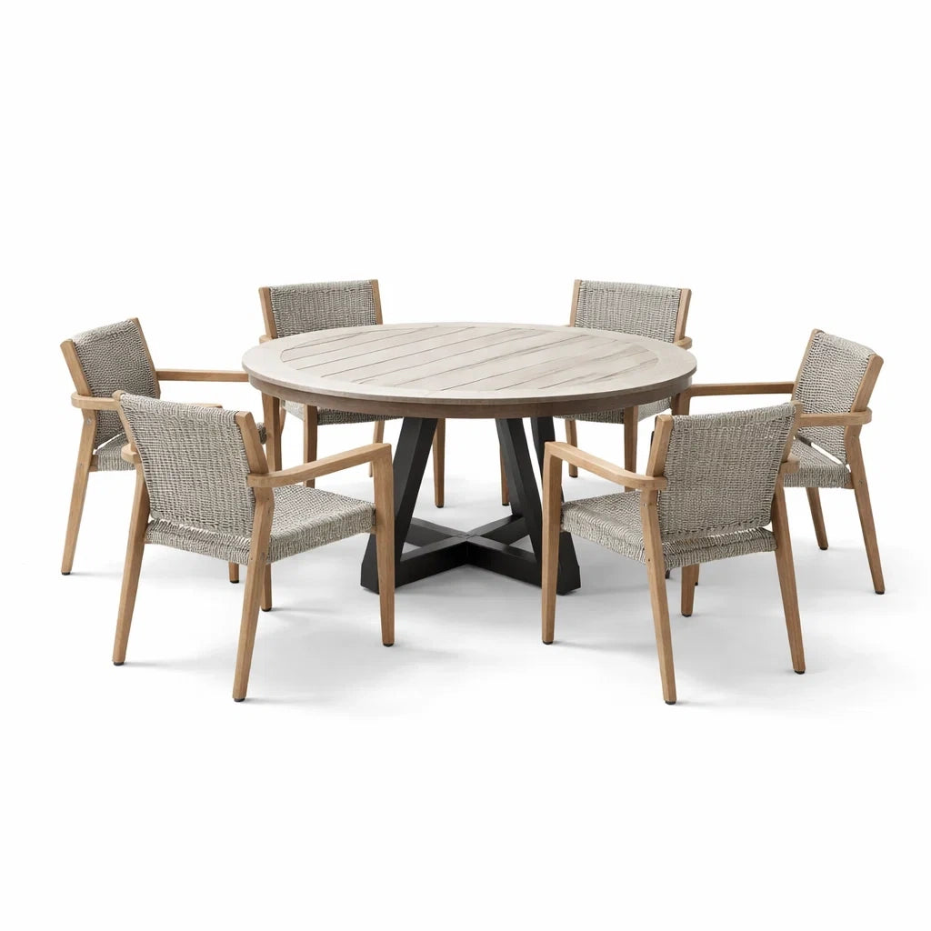 Ensemble Table Ronde et 6 Chaises en Teck et Polyéthylène Tressé - 2026