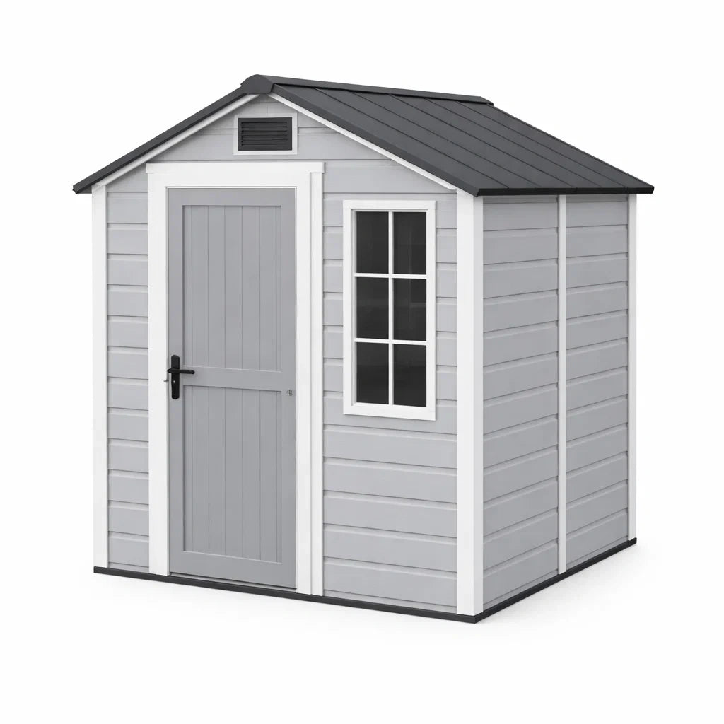 Abri de jardin en résine gris avec fenêtre et porte 185 x 236 x 227 cm - 2026